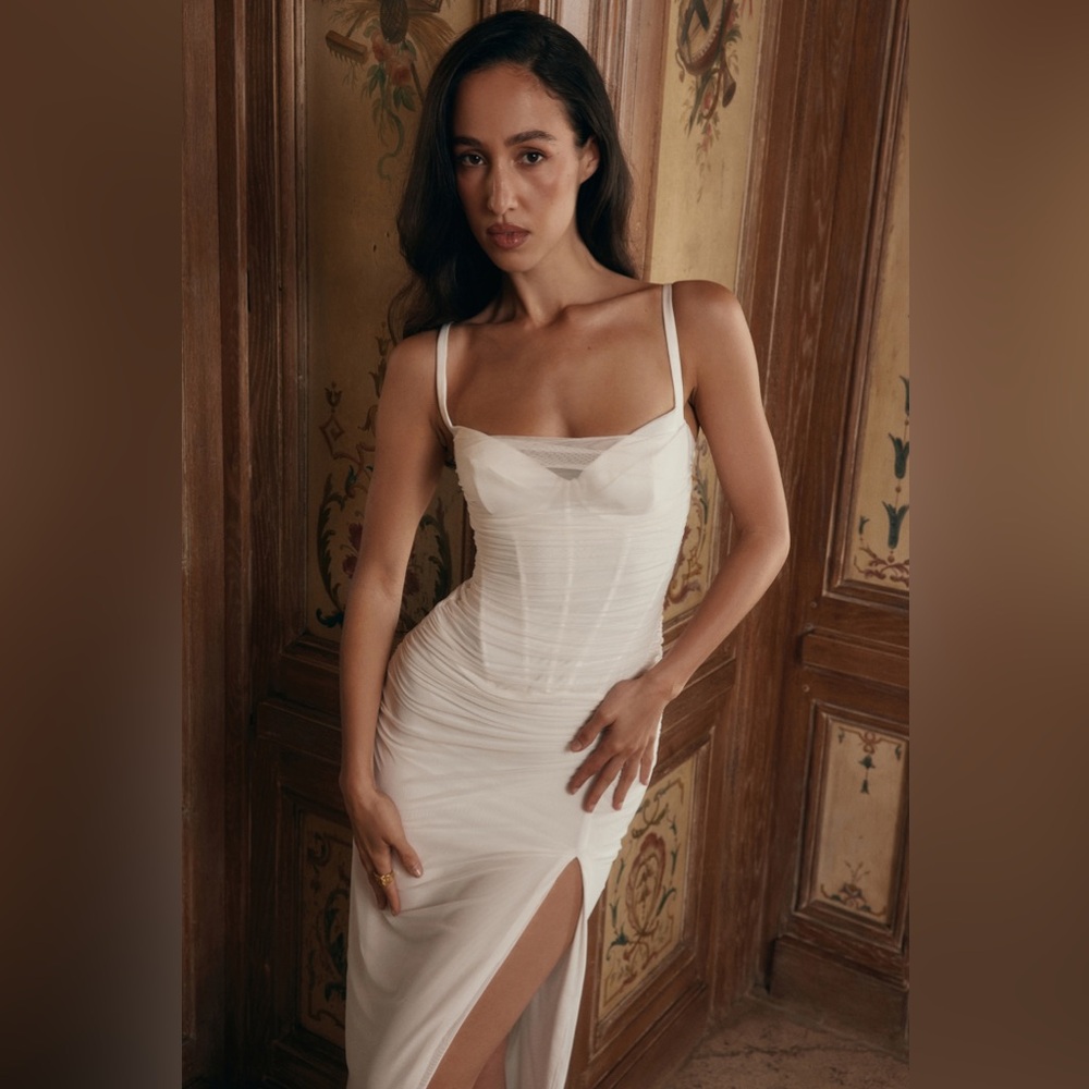 HOUSE OF CB Lini White Mesh Maxi Dress white ruched size L regular cup A-C NWOT - Picture 6 of 17